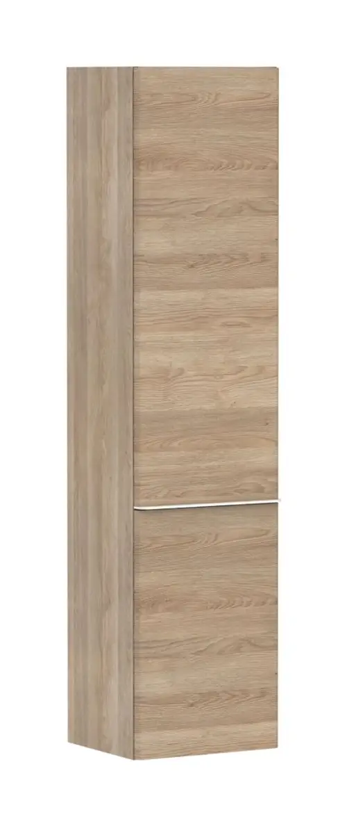 Hansgrohe Hochschrank in Eiche-Natur-Dekor, schmale, vertikale Bauweise mit zwei Türen. Türanschlag auf der linken Seite.
